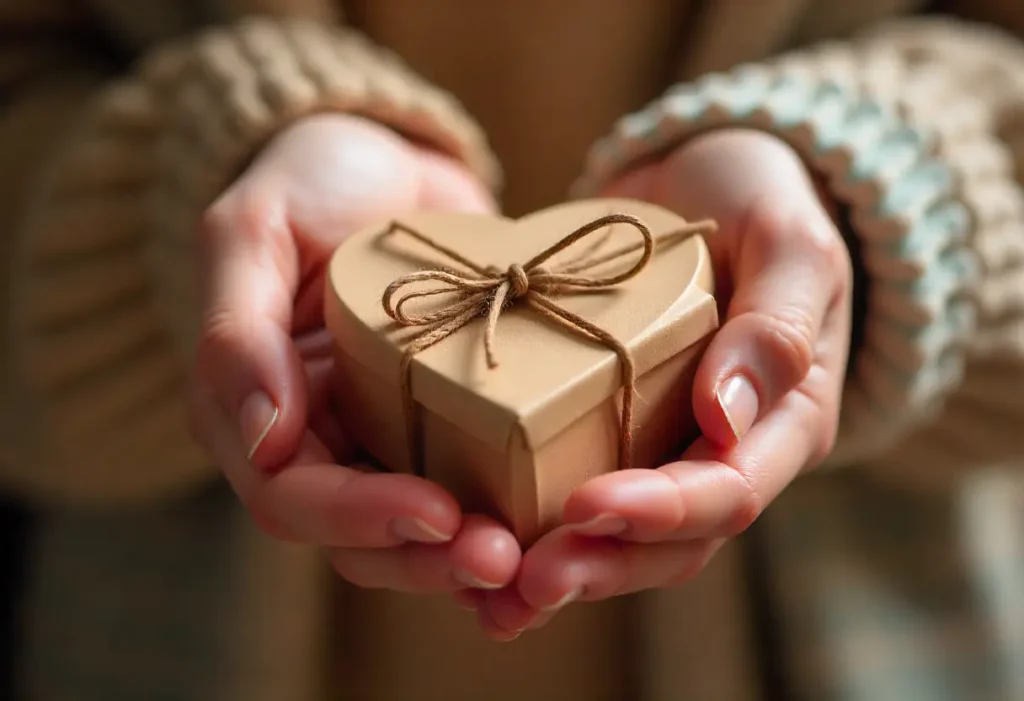 Hands holding a heart-shaped gift box with ribbon